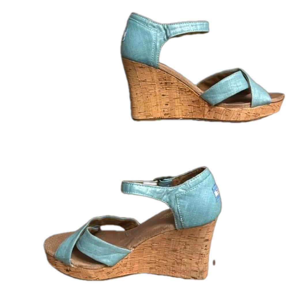 TOMS Shimmery Aqua Strappy Platform Cork Wedge Heels - Size 9.5